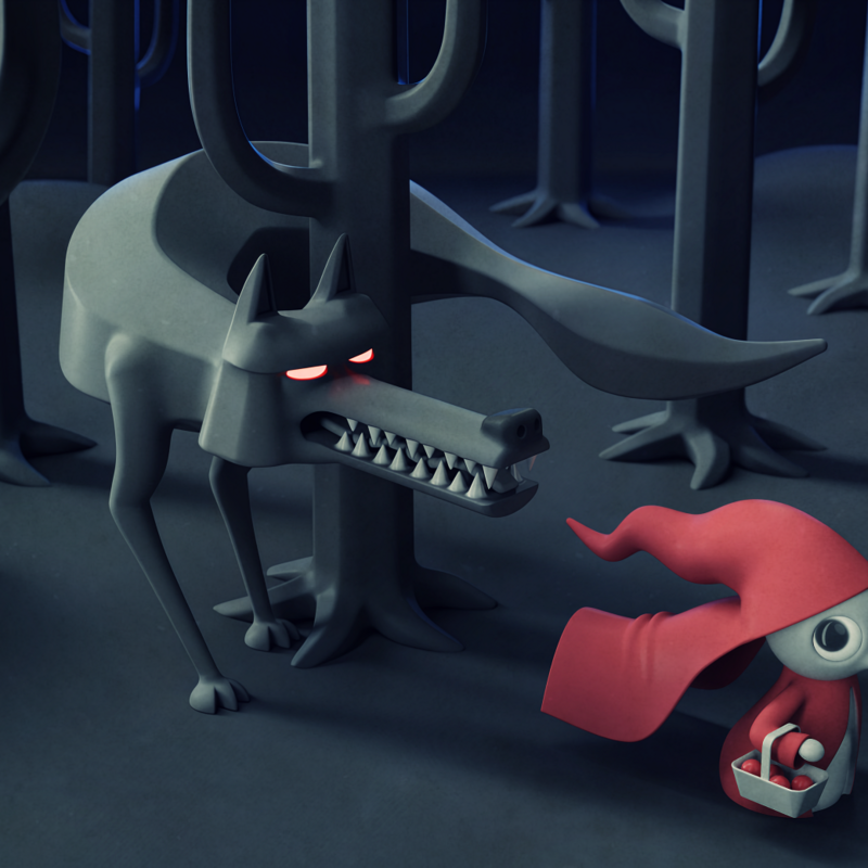 Stylized 3D illustration of Little Red Riding Hood