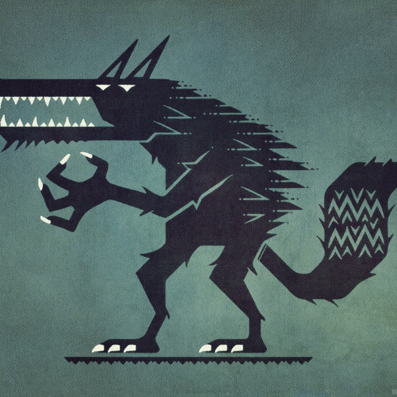 Linocut-style graphic 2D illustration of a werewolf
