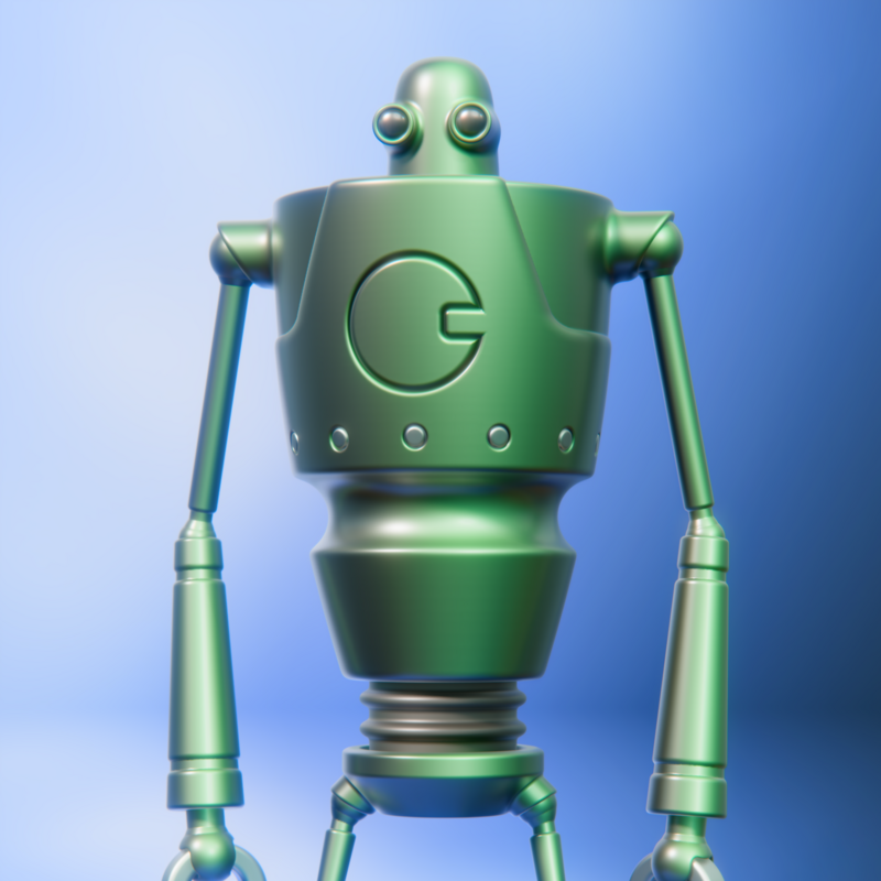 Retro science-fiction robot character design, modeled using the Chisel SDF add-on for Blender, rendered using Blender's EEVEE (2026)