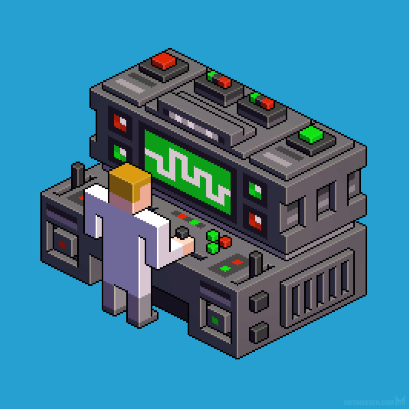 Isometric pixel art of a scientist operating a large computer