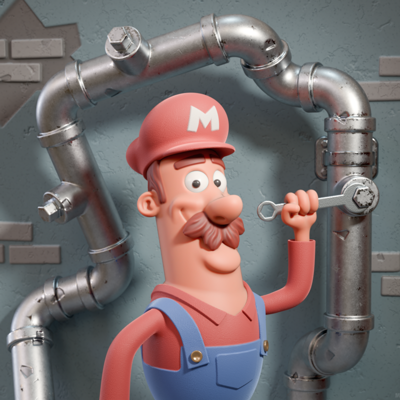 Stylized 3D illustration of Mario at work